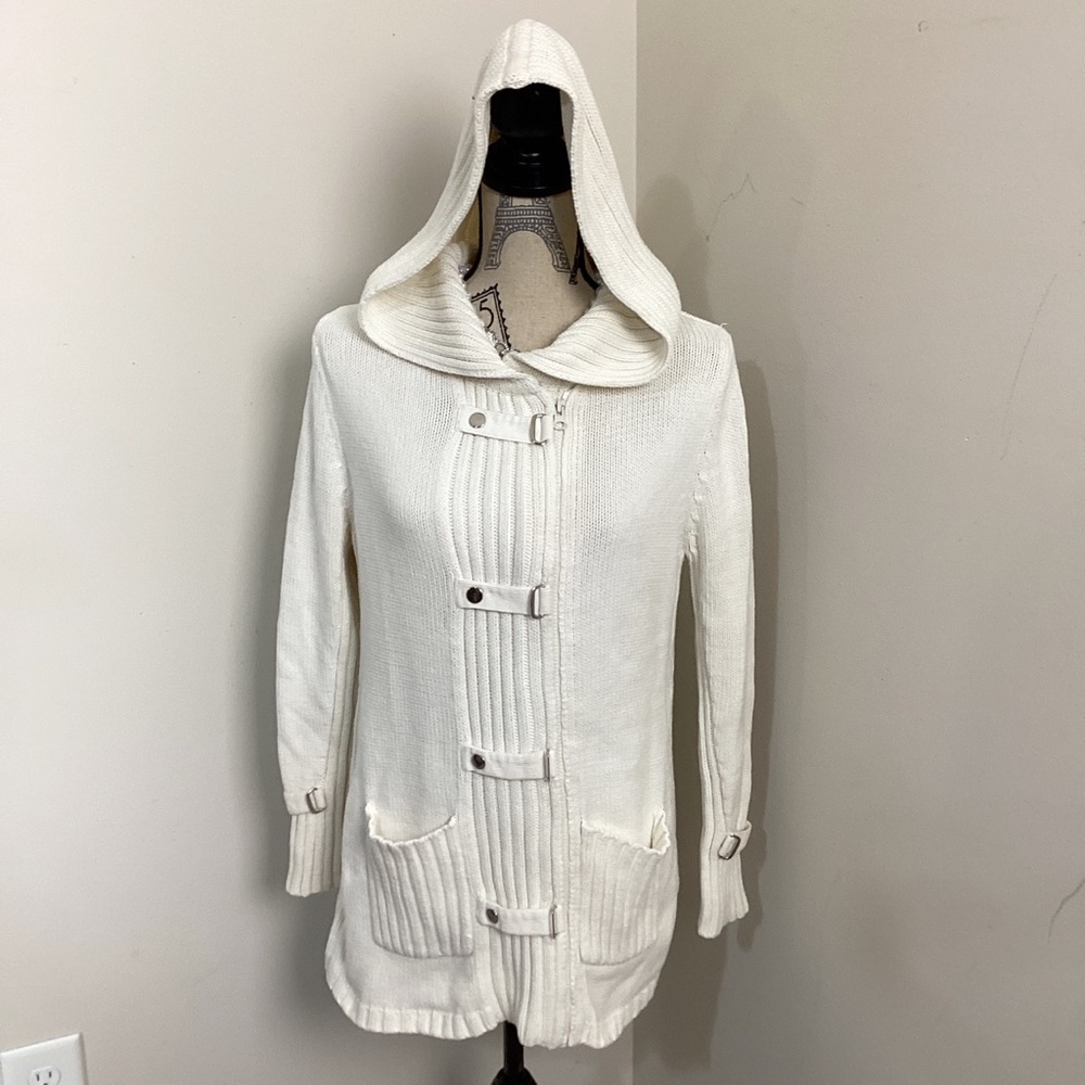 Pandemonium Women’s Cream Ribbed Hoodie Long Sleeves Full Zip Sweater Jacket